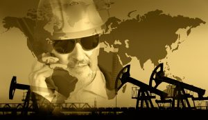 Pump jack group, global map, worker in a oil industry background. Double exposure. Toned sepia.